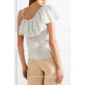 Um ombro manga curta branco e preto babados listrado verão top manufatura atacado moda feminina vestuário (ta0090t)